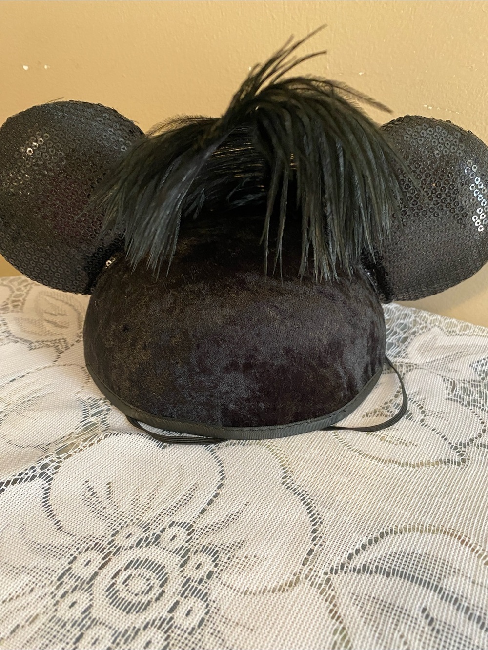 Disney Pink Polka Dot Bow Headband with Black Feathers and Sequined Ears - Picture 6 of 7